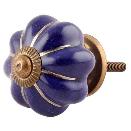 Navy Blue With Silver Line Medium Ceramic Melon Knob